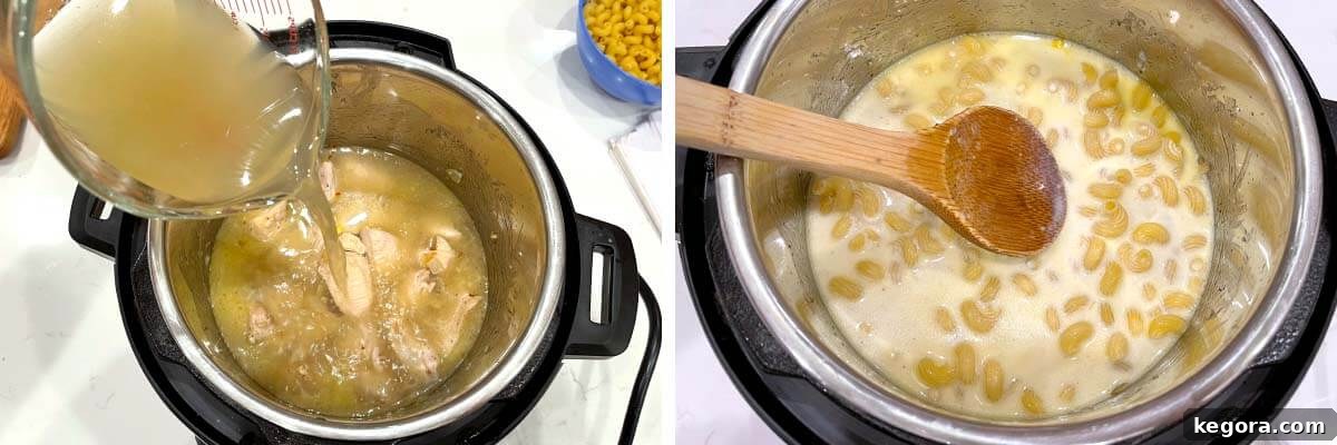Chicken broth and heavy cream being poured into the Instant Pot over sautéed chicken and aromatics, with cavatappi pasta on top being pressed down with a wooden spoon.
