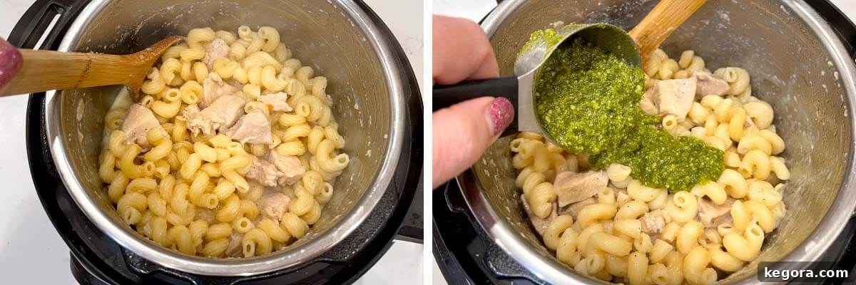A cooked batch of chicken pesto pasta being stirred in the Instant Pot, followed by fresh pesto being spooned into the pasta.
