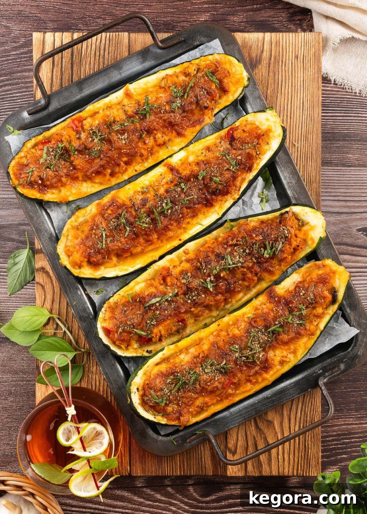 Cheesy Stuffed Zucchini Boats on a board, showcasing a beautifully cooked dish.