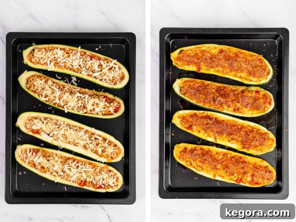 Image showcasing stuffed zucchini boats arranged on a baking sheet, ready for the oven, and another image of them baked to golden perfection with melted cheese.