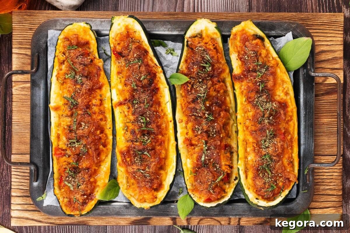 Four perfectly baked Cheesy Stuffed Zucchini Boats arranged beautifully on a wooden board, ready to be served.