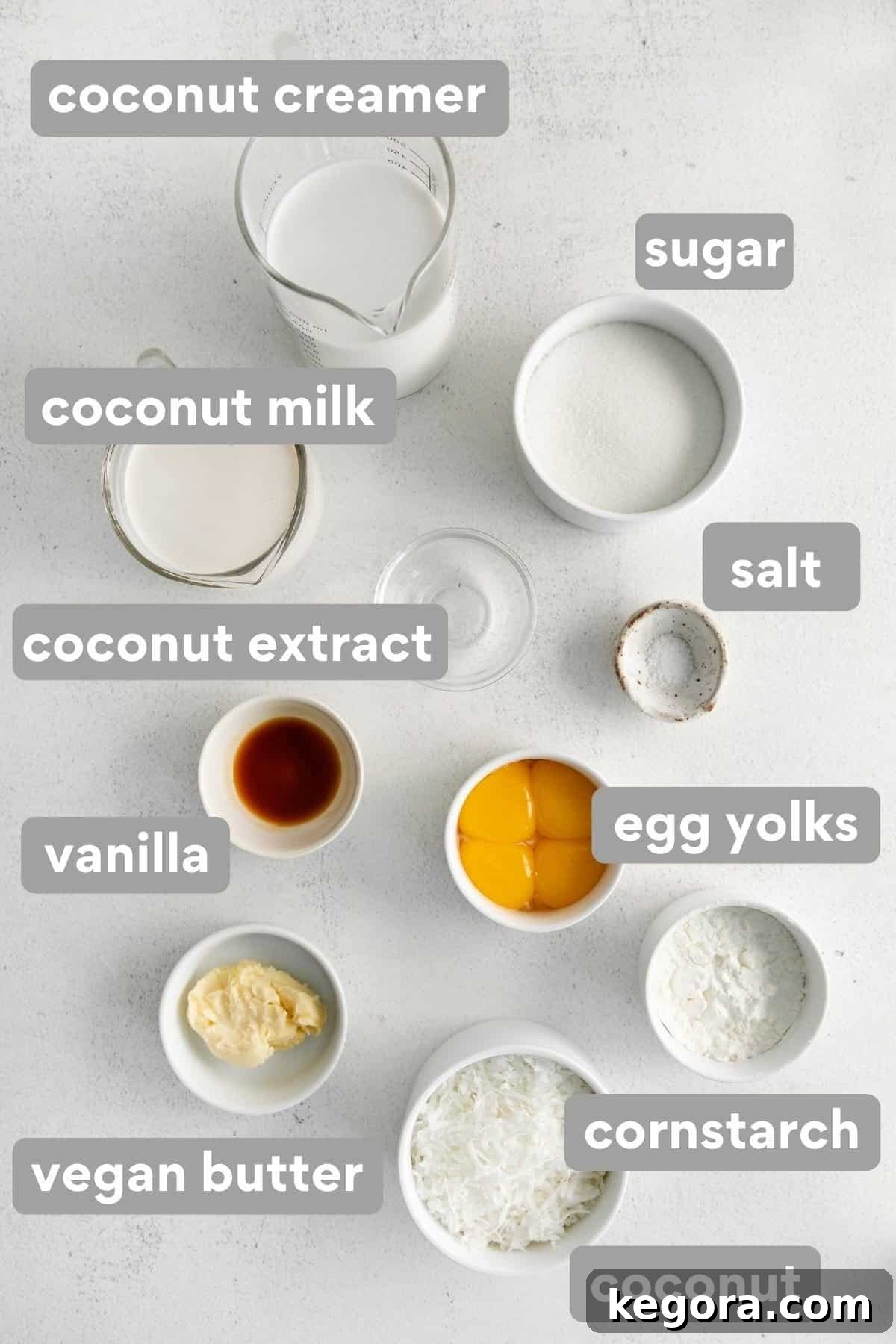 Vegan Coconut Cloud Pie 3 Ingredients for coconut cream pie on a countertop