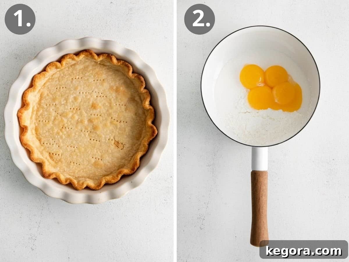 Vegan Coconut Cloud Pie 4 Egg yolks and sugar in a pot, and a coconut cream pie crust in a dish