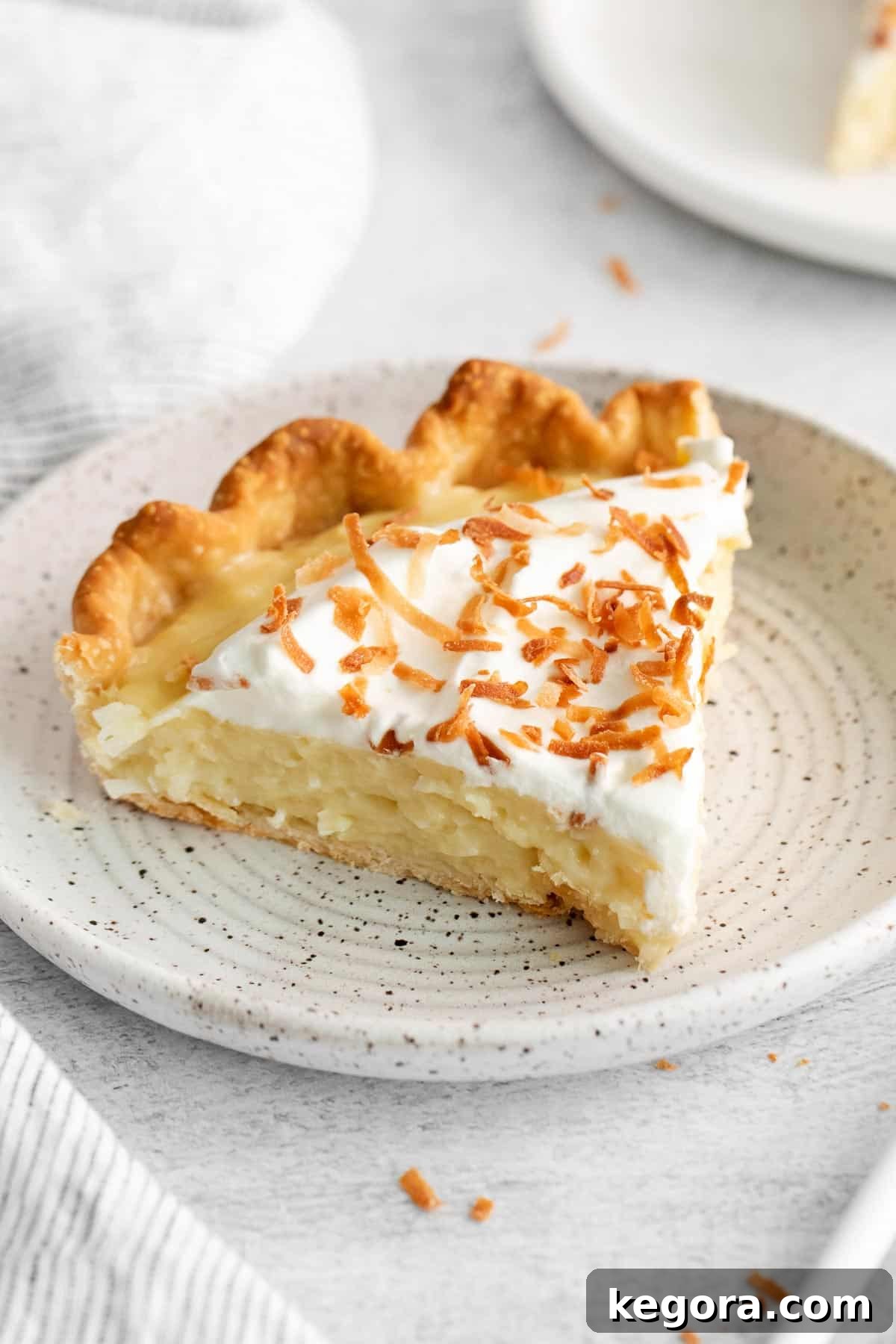 Vegan Coconut Cloud Pie 8 A slice of coconut cream pie on a plate