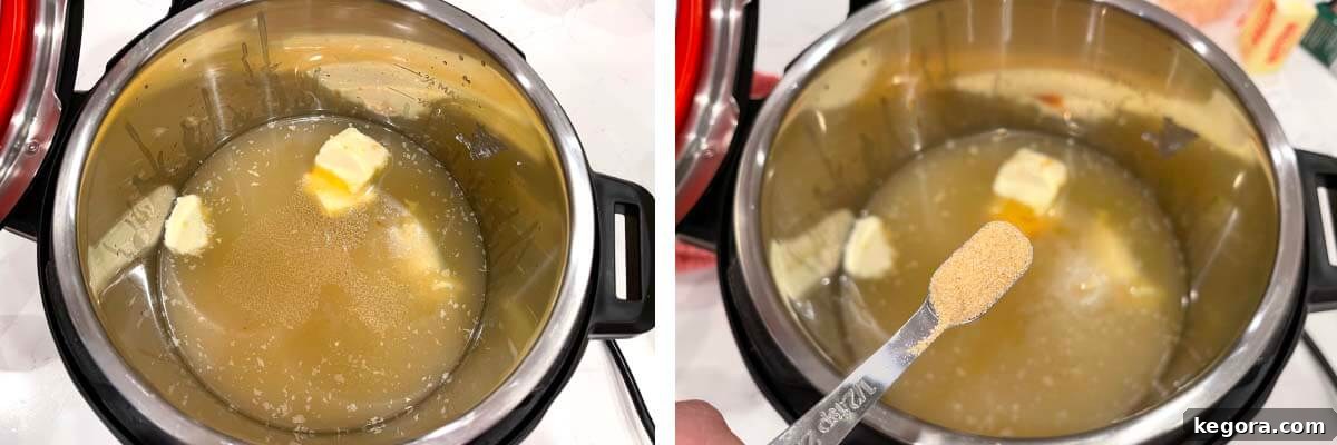 Speedy Instant Pot Cheesy Comfort 3 Broth and butter in Instant Pot, garlic powder added.