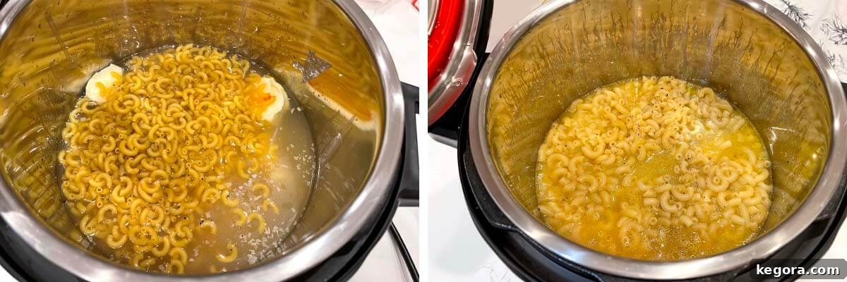 Speedy Instant Pot Cheesy Comfort 4 Pasta and liquid in Instant Pot, pasta stirred in.