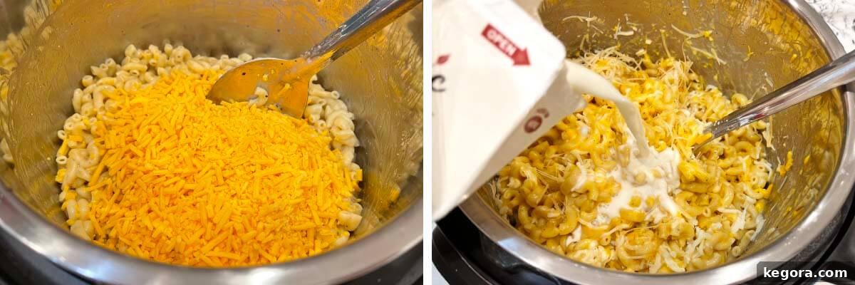 Speedy Instant Pot Cheesy Comfort 5 Shredded cheese and milk added to cooked pasta in Instant Pot.