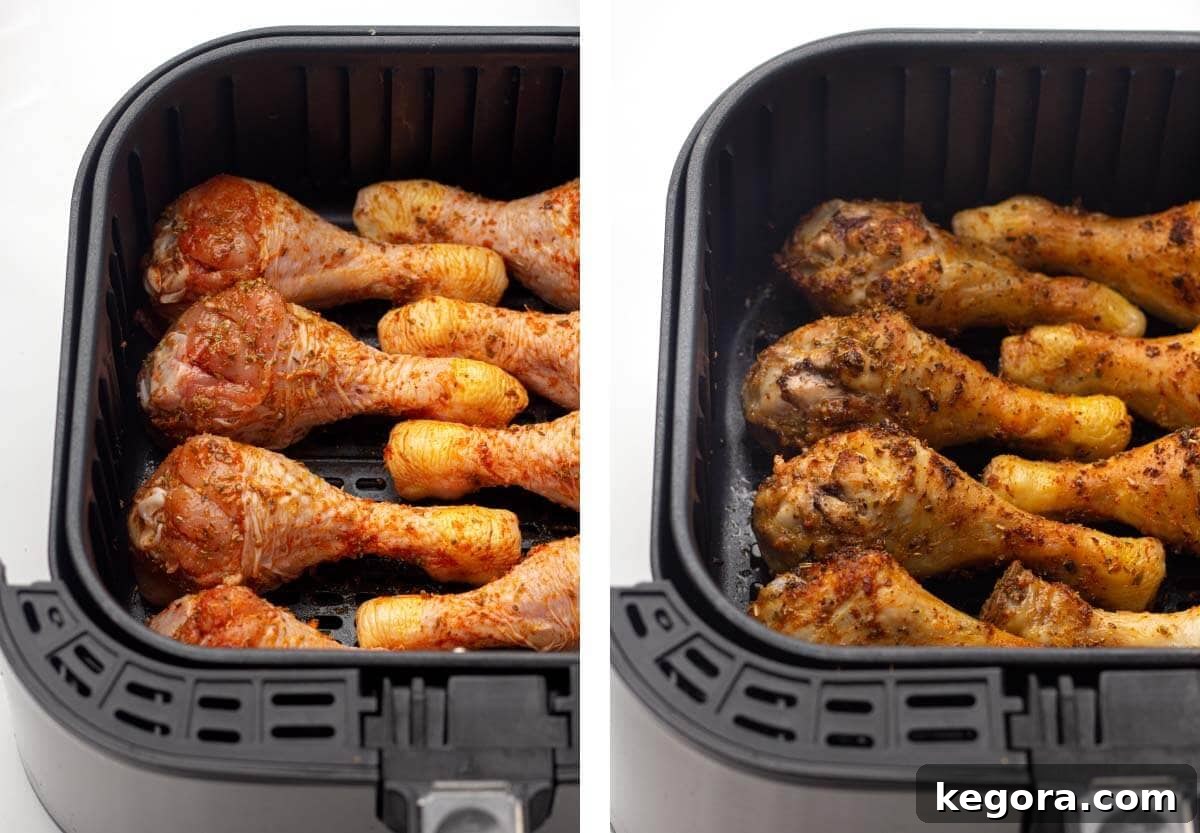 raw seasoned chicken legs in air fryer basket, legs cooked without bbq sauce.
