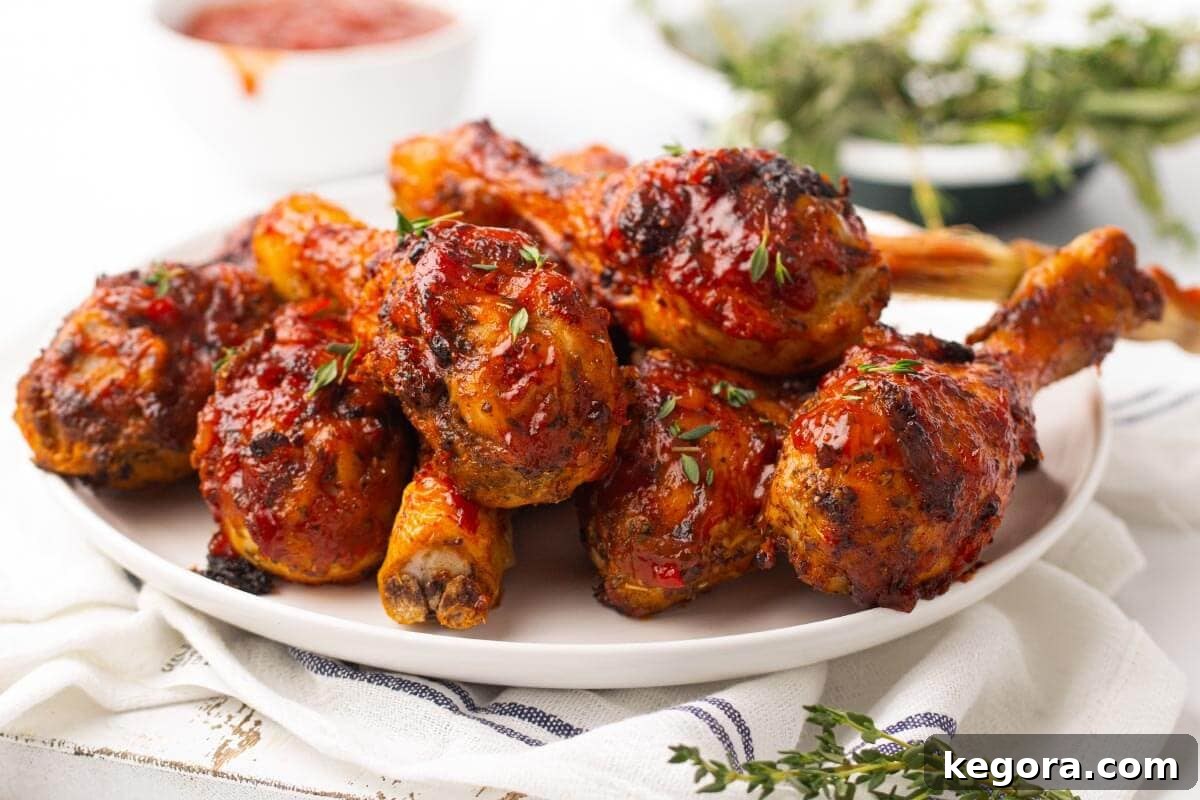 Air Fryer Barbecue Chicken Legs on a white plate.