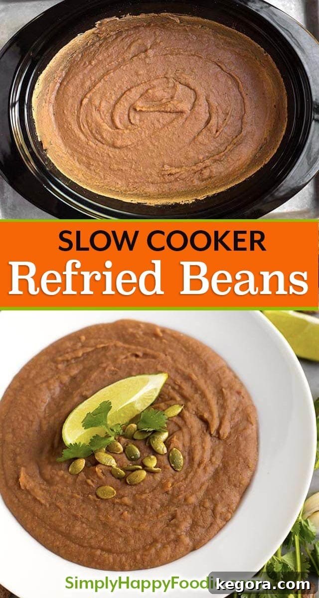 Creamy Homemade Slow Cooker Refried Beans 5 Slow Cooker Refried Beans are so delicious! These crock pot refried beans taste much better than canned beans. this slow cooker refried beans recipe is a dump and start, so it's super easy to make! simplyhappyfoodie.com #slowcookerrefriedbeans #crockpotrefriedbeans #slowcookerpintobeans #crockpotpintobeans #frijoles How to make refried beans