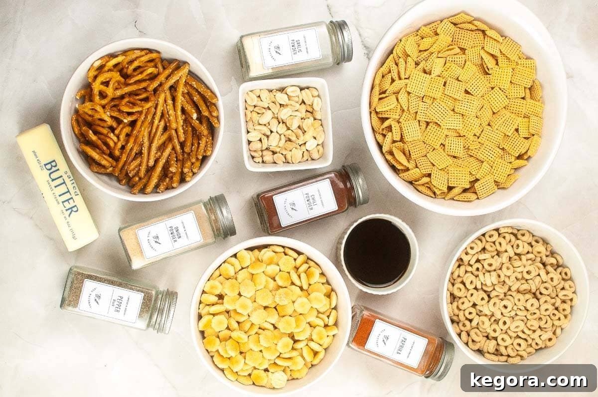 Quick and Crispy Air Fryer Chex Mix 3 Air Fryer Chex Mix ingredients shot.
