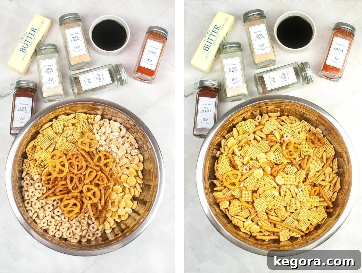 Quick and Crispy Air Fryer Chex Mix 4 mixing bowl with dry cereal, nuts, pretzels added, same bowl with ingredients mixed.