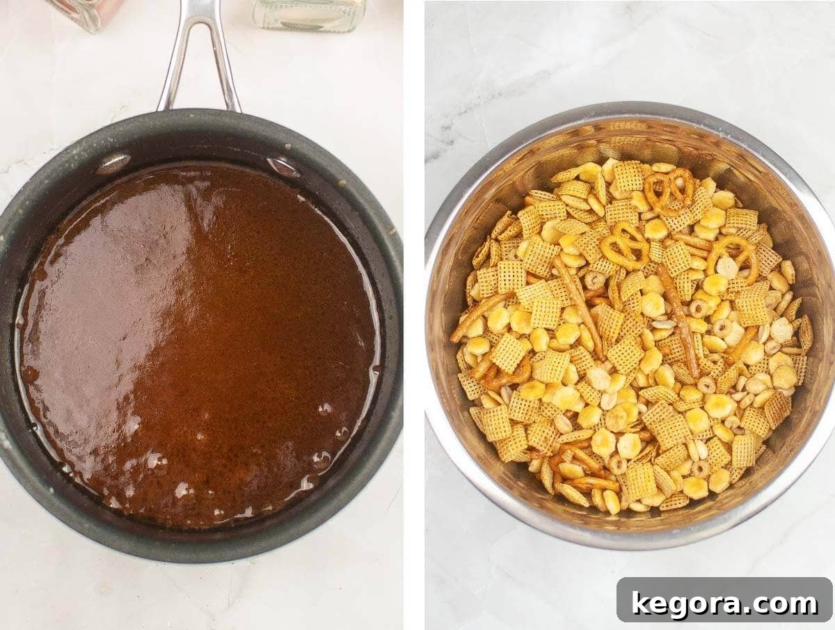 Quick and Crispy Air Fryer Chex Mix 6 sauce mixture in pan, bowl of cereal mixture.