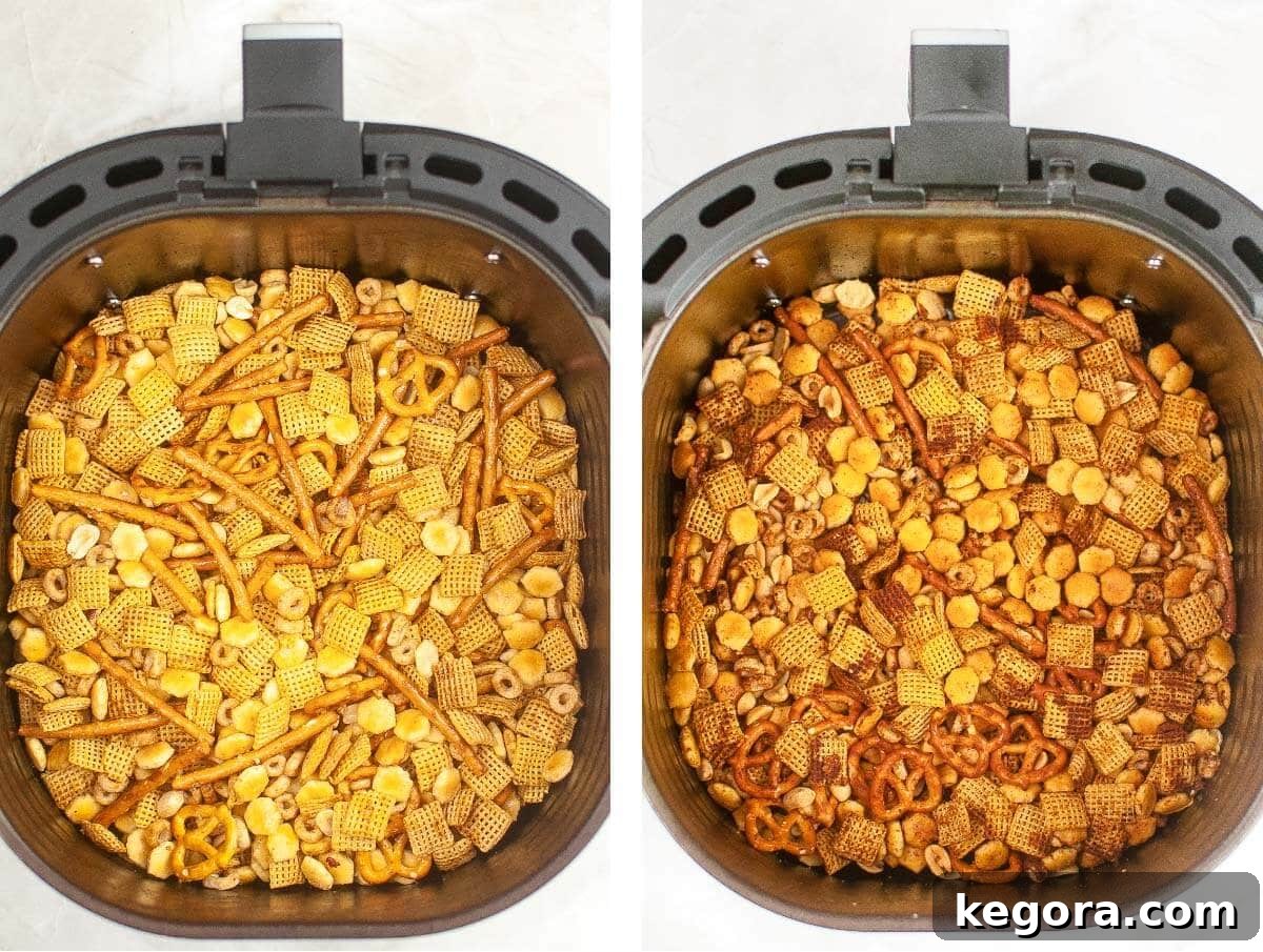 Quick and Crispy Air Fryer Chex Mix 7 chex mix in AF basket before air frying, and after air frying.