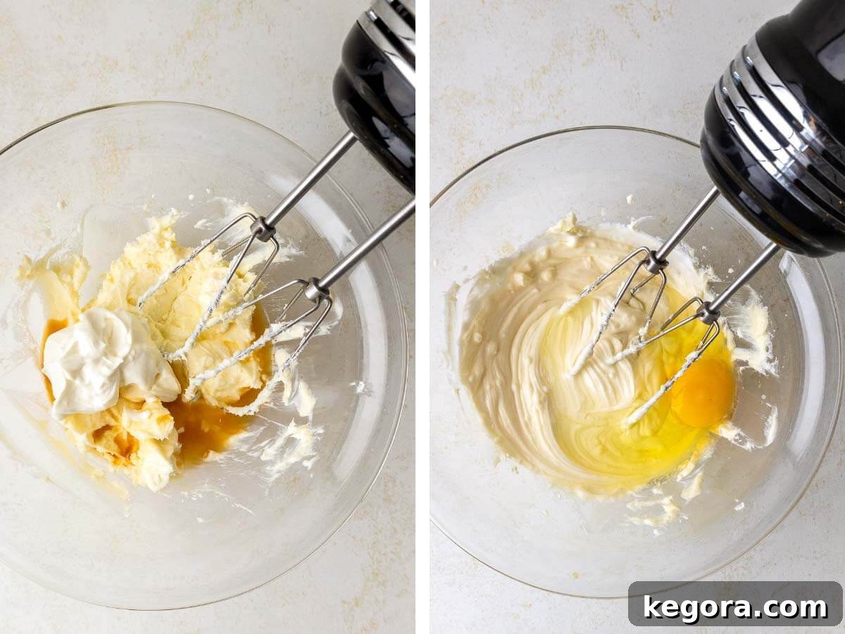 Irresistible Mini Cheesecakes 6 mixer mixing cheesecake filling, adding egg.