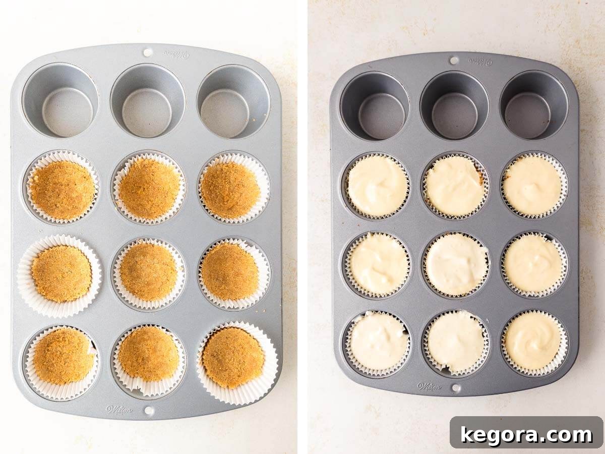 Irresistible Mini Cheesecakes 7 graham cracker crust in tin, filling in crust in tin.