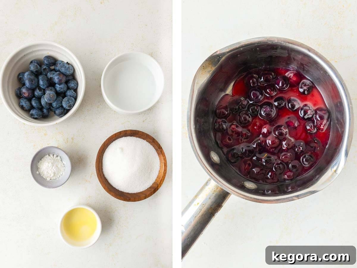 Irresistible Mini Cheesecakes 8 ingredients shot for bluebery filling, blueberry filling cooking in pot.