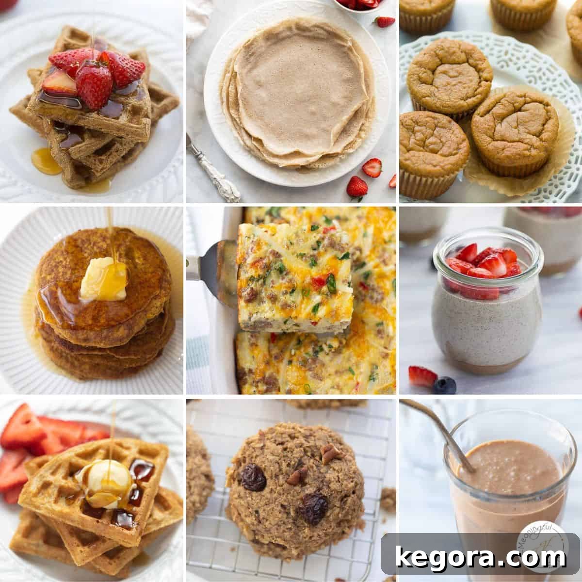 50+ Irresistible Gluten-Free Dairy-Free Recipes 3 A vibrant collage showcasing a variety of nine delicious gluten-free and dairy-free breakfast recipes, including pancakes, waffles, and breakfast casseroles.