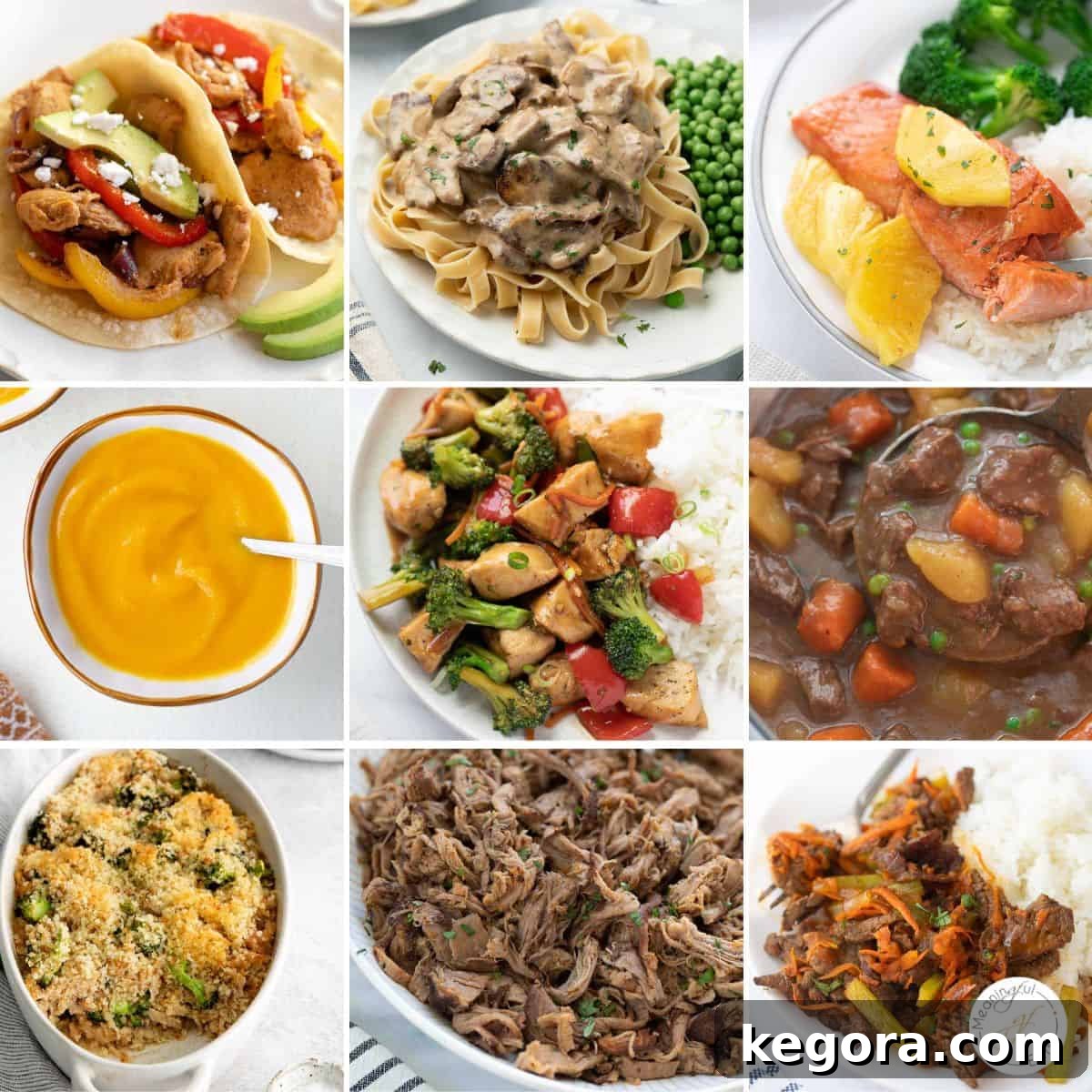 50+ Irresistible Gluten-Free Dairy-Free Recipes 5 A diverse collage of nine delicious gluten-free and dairy-free dinner recipes, showcasing a range of main courses, including casseroles, stir-fries, and stews.