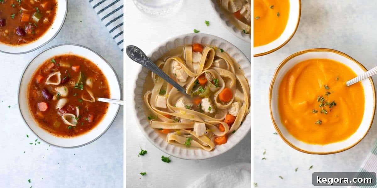 50+ Irresistible Gluten-Free Dairy-Free Recipes 7 A beautiful collage displaying three different gluten-free and dairy-free soup recipes, showcasing a variety of textures and colors.
