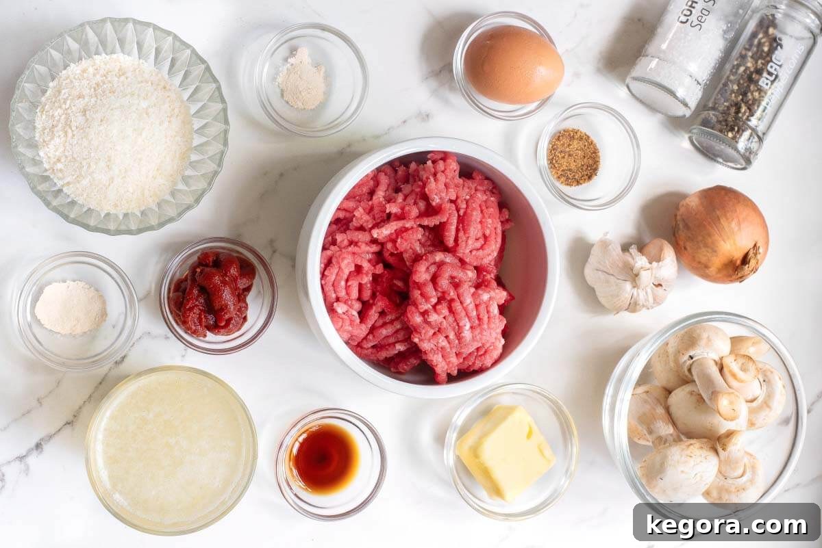 Classic Salisbury Steak Bites 4 A flat lay of all ingredients required for Salisbury Steak Meatballs and Mushroom Gravy.