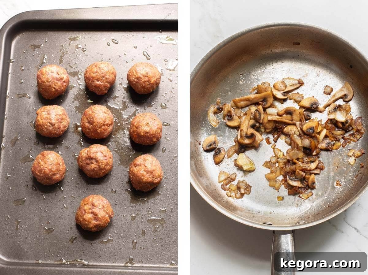 Classic Salisbury Steak Bites 6 Baked meatballs on a pan and a skillet with sautéed mushrooms and onions for gravy.