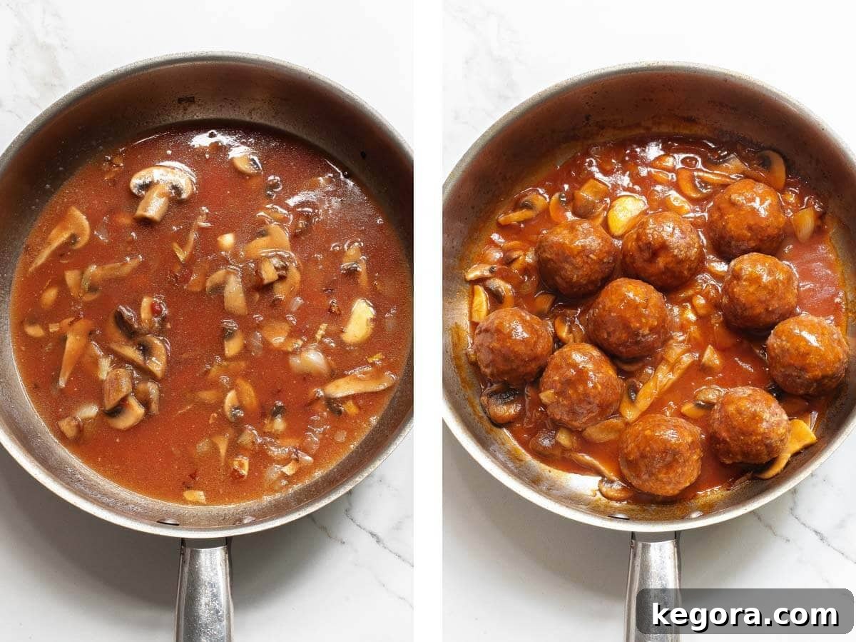 Classic Salisbury Steak Bites 7 Skillet with rich mushroom gravy, with cooked Salisbury Steak Meatballs added and simmering.