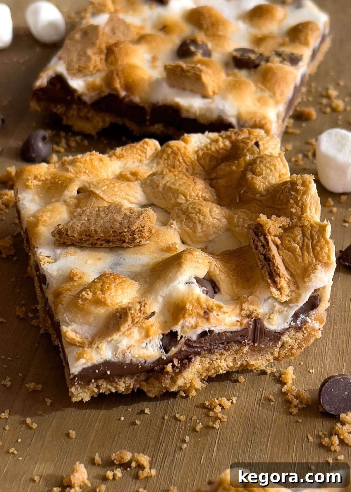 Ultimate Smores Bars 2 Delicious S'mores Bars arranged on a rustic wooden surface, showcasing their golden-brown marshmallows and rich chocolate layers.