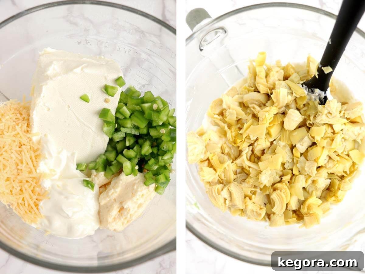 Image showing mixing dip ingredients in a bowl and chopped artichokes in a separate bowl.