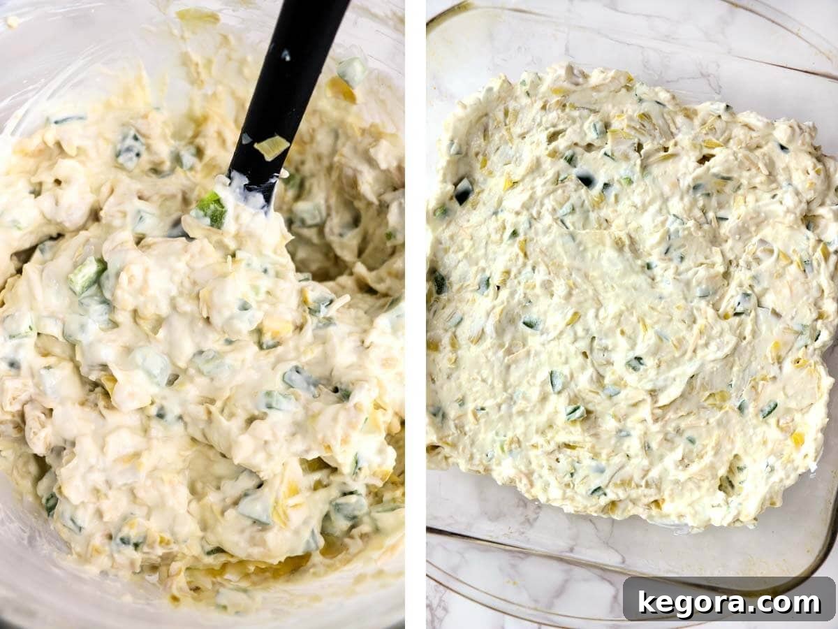 Image showing the dip being mixed in a bowl and the unbaked dip in a baking dish before going into the oven.