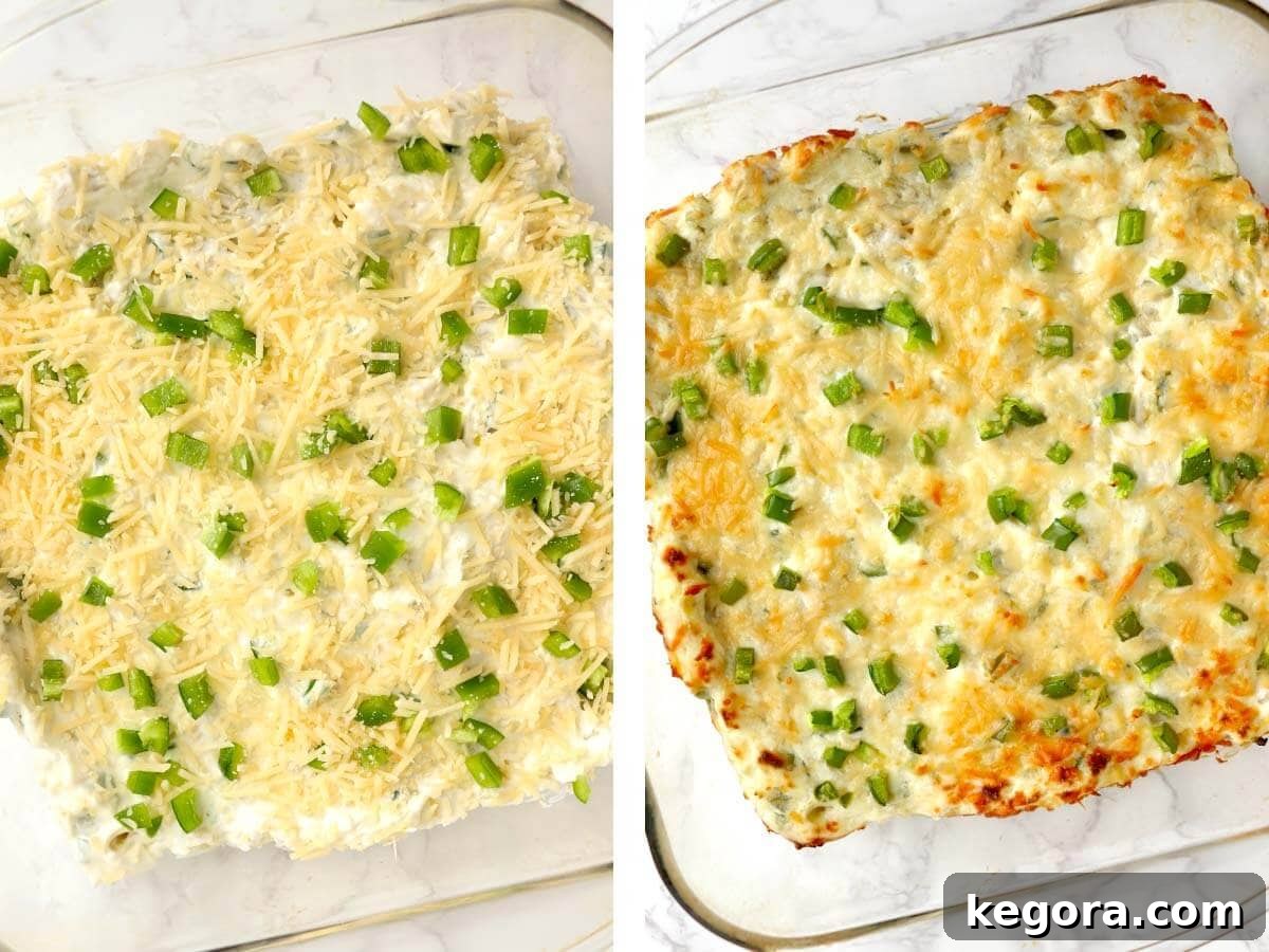 Image displaying parmesan and jalapeños sprinkled on top of the unbaked dip, followed by a photo of the perfectly baked, golden brown dip.