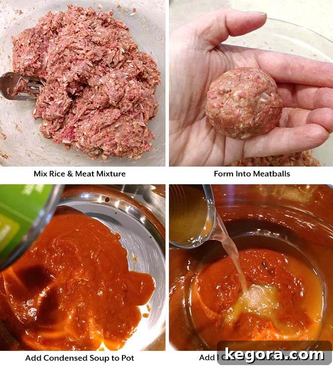 Step-by-step images showing mixing meatball ingredients, forming meatballs, and adding them to the Instant Pot with sauce