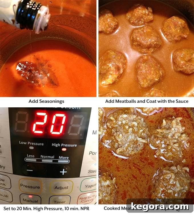 Images showing mixing the sauce, adding meatballs to the sauce in the Instant Pot, and the final cooked porcupine meatballs