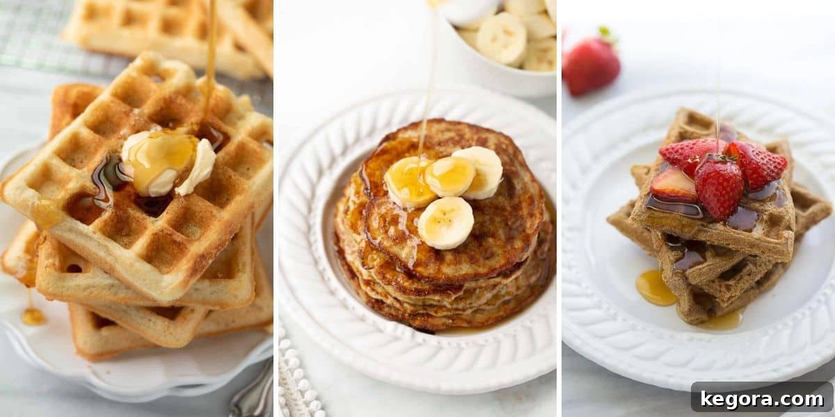 Top 50 Gluten-Free Breakfast Ideas 3 A trio of perfectly cooked gluten-free breakfast items: a crispy golden waffle, a stack of fluffy pancakes drizzled with syrup, and another delicious waffle, all ready to be enjoyed.