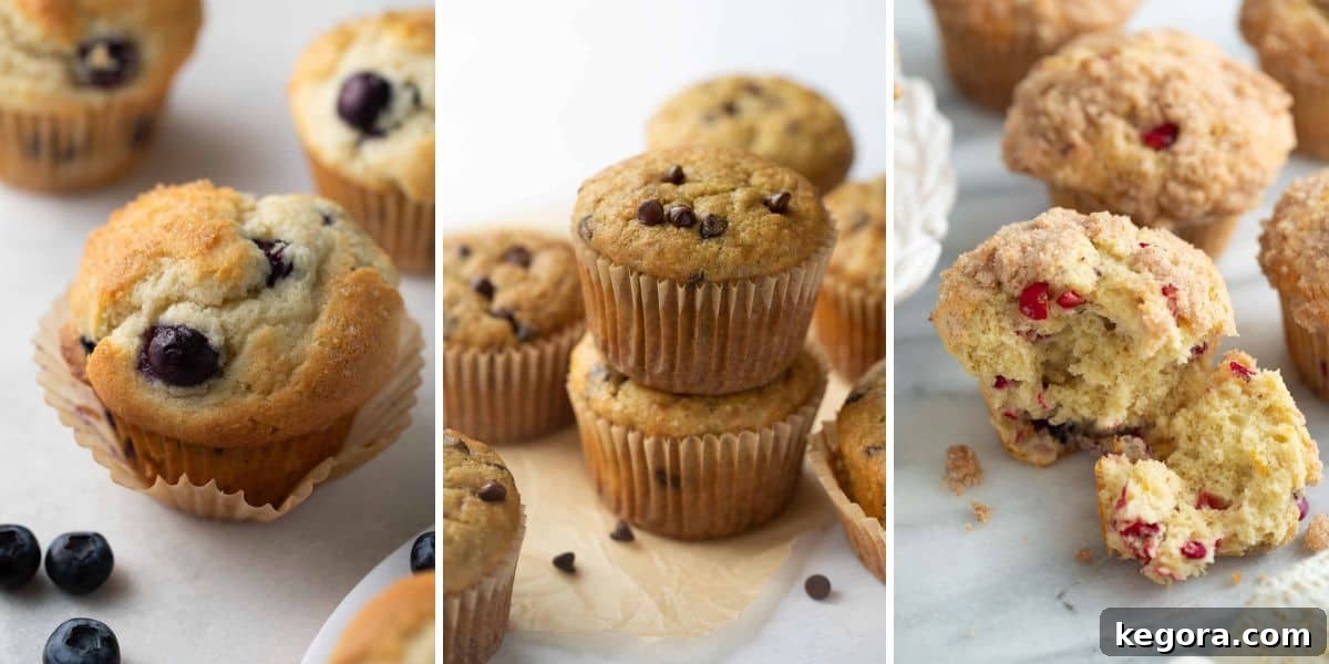 A delectable stack of three different kinds of gluten-free muffins, showcasing their fluffy texture and delicious toppings.