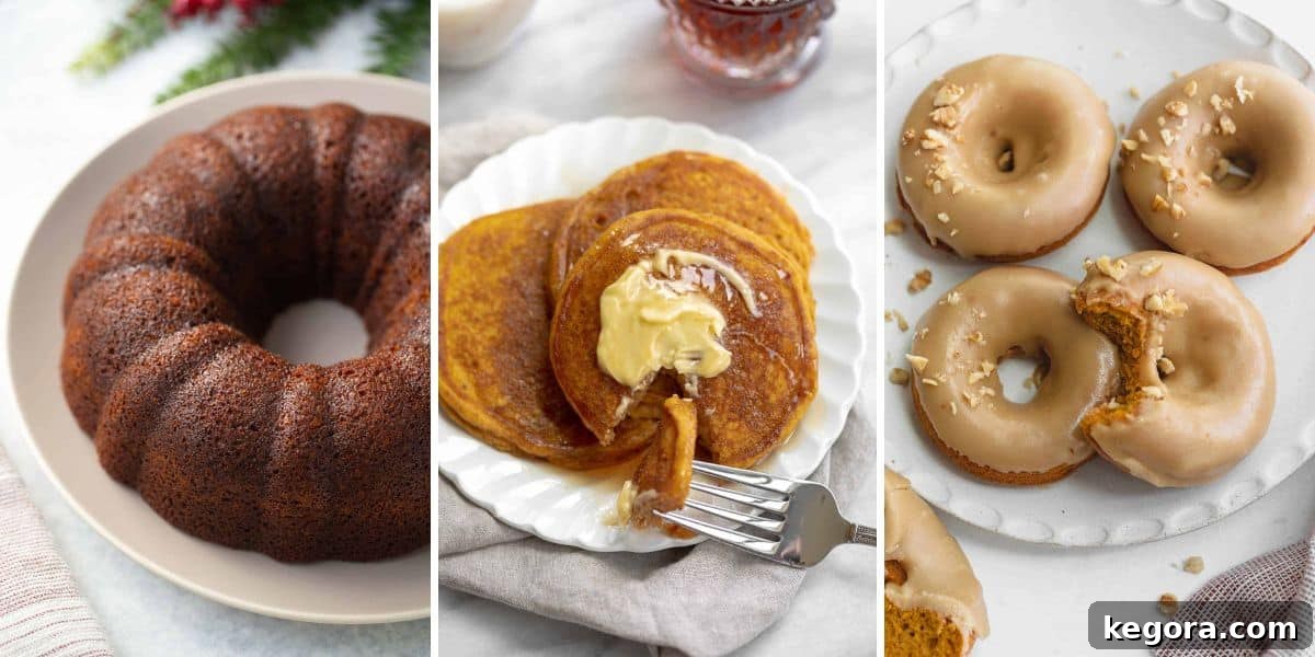 Top 50 Gluten-Free Breakfast Ideas 5 A beautiful spread of gluten-free holiday breakfast items: a festive bundt cake, a stack of seasonal pumpkin pancakes, and perfectly glazed donuts, all arranged for a special occasion.