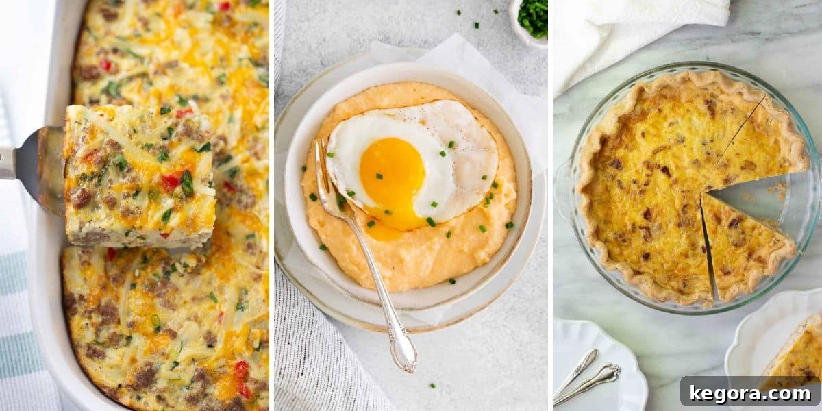 A delightful spread of savory gluten-free breakfast options, including a hearty casserole, creamy cheese grits, and a flavorful quiche.