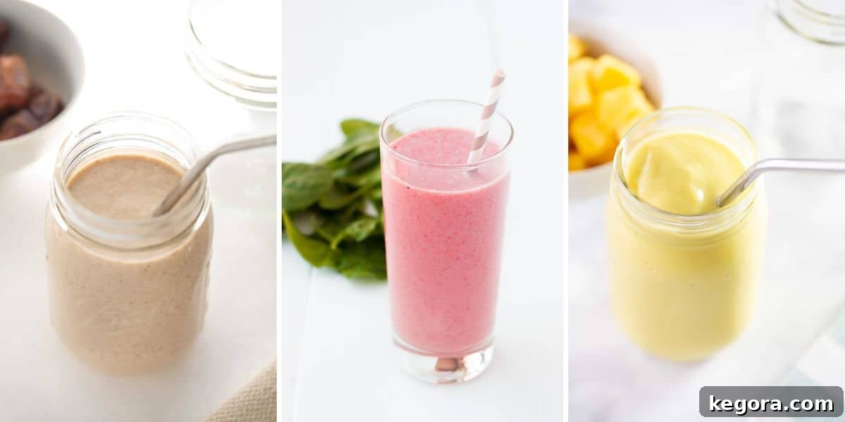Top 50 Gluten-Free Breakfast Ideas 7 A vibrant collage of three delicious gluten-free smoothies: a rich chocolate smoothie, a refreshing strawberry smoothie, and a tropical pineapple smoothie, all presented beautifully.