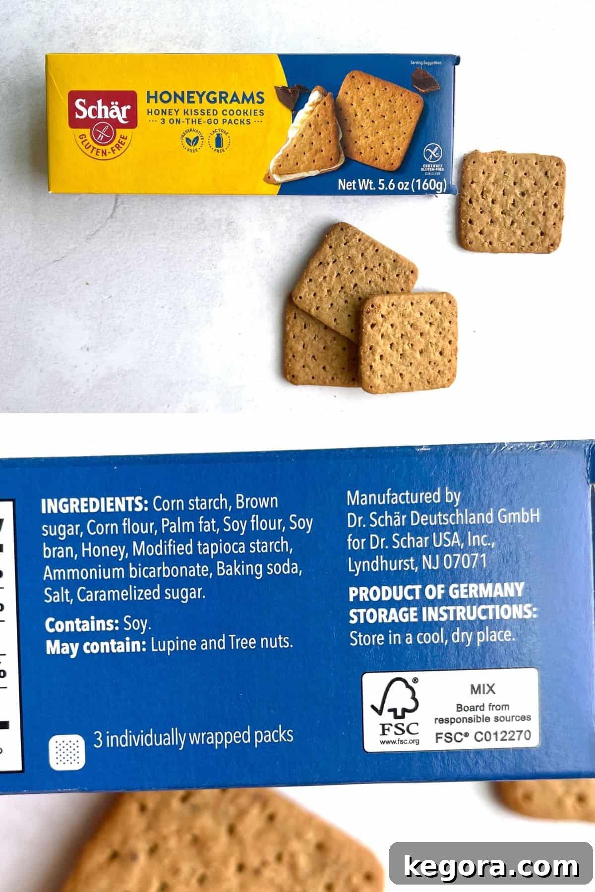 Gluten-Free Graham Crackers 3 A crisp, golden-brown box of Schar gluten-free graham crackers stands proudly on a smooth kitchen countertop, ready for snacking or baking.
