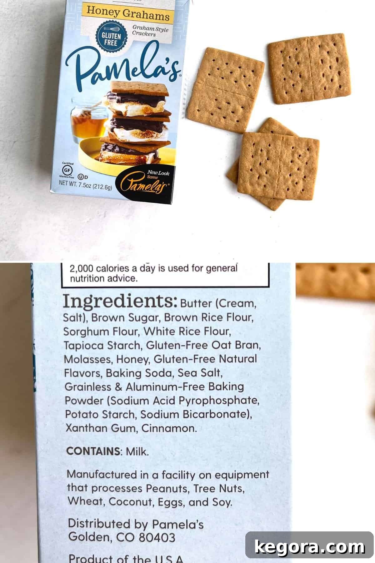 Gluten-Free Graham Crackers 4 A box of Pamela's gluten-free graham crackers, featuring a familiar design, rests on a light-colored kitchen counter.