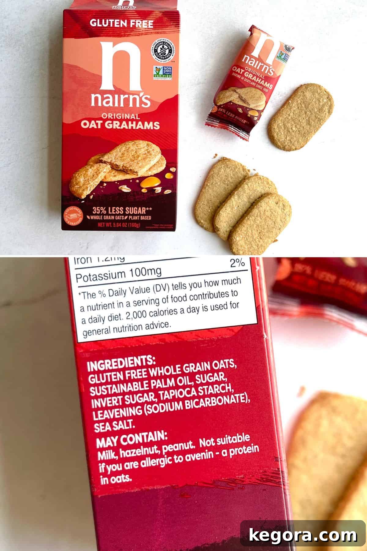 Gluten-Free Graham Crackers 5 A box of Nairn's gluten-free oat grahams, featuring a distinctive tartan design, sits on a clean, light-colored kitchen surface.