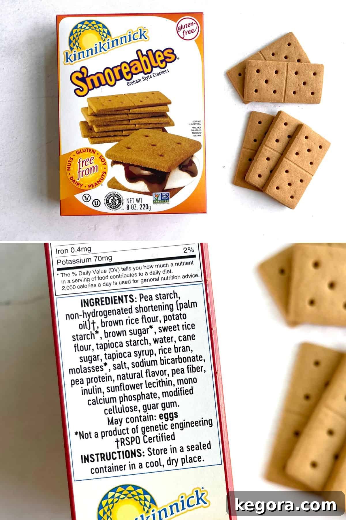 Gluten-Free Graham Crackers 6 A vibrant yellow box of Kinnikinnick gluten-free graham crackers sits on a light-colored kitchen counter, promising allergy-friendly delight.