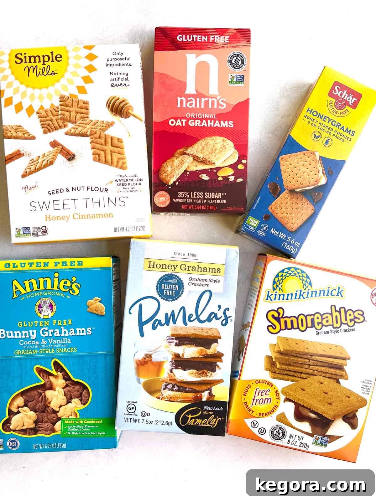 Gluten-Free Graham Crackers 9 Six distinct boxes of leading gluten-free graham cracker brands neatly arranged on a modern kitchen counter, ready for comparison and selection.