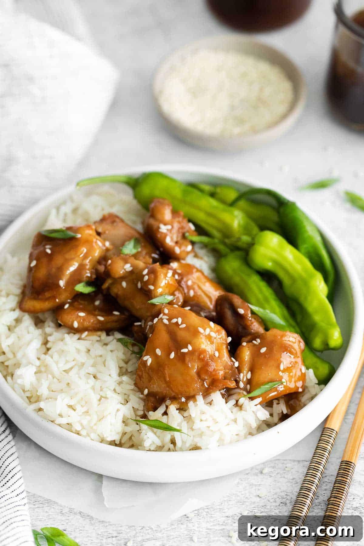 A chicken rice bowl on a countertop