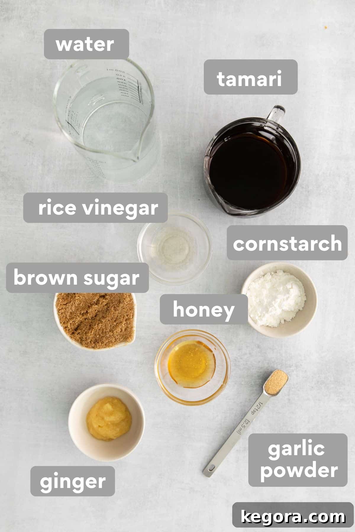 Ingredients for gluten-free teriyaki sauce on a countertop