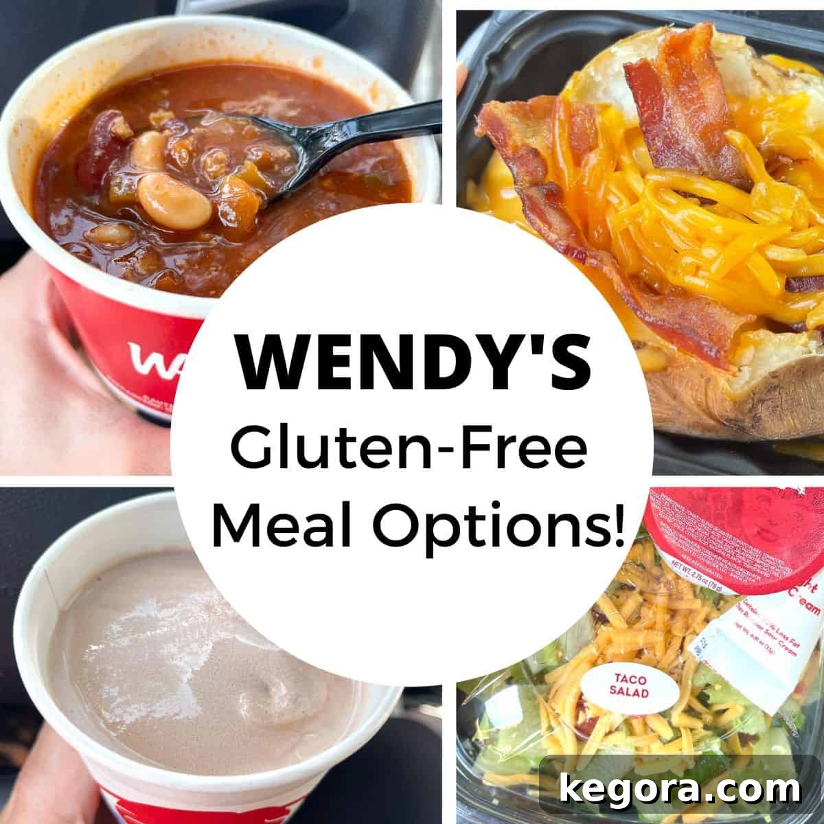 Wendy's gluten-free chili, baked potato, Frosty, and salad.