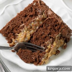 Slice of German chocolate cake with a fork taking a bite