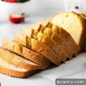 Sliced pound cake on a table