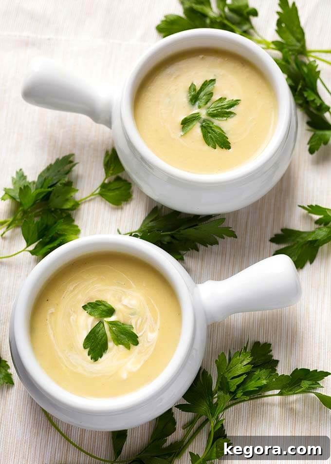Two white bowls with handles with Potato Leek Soup garnished with parsley
