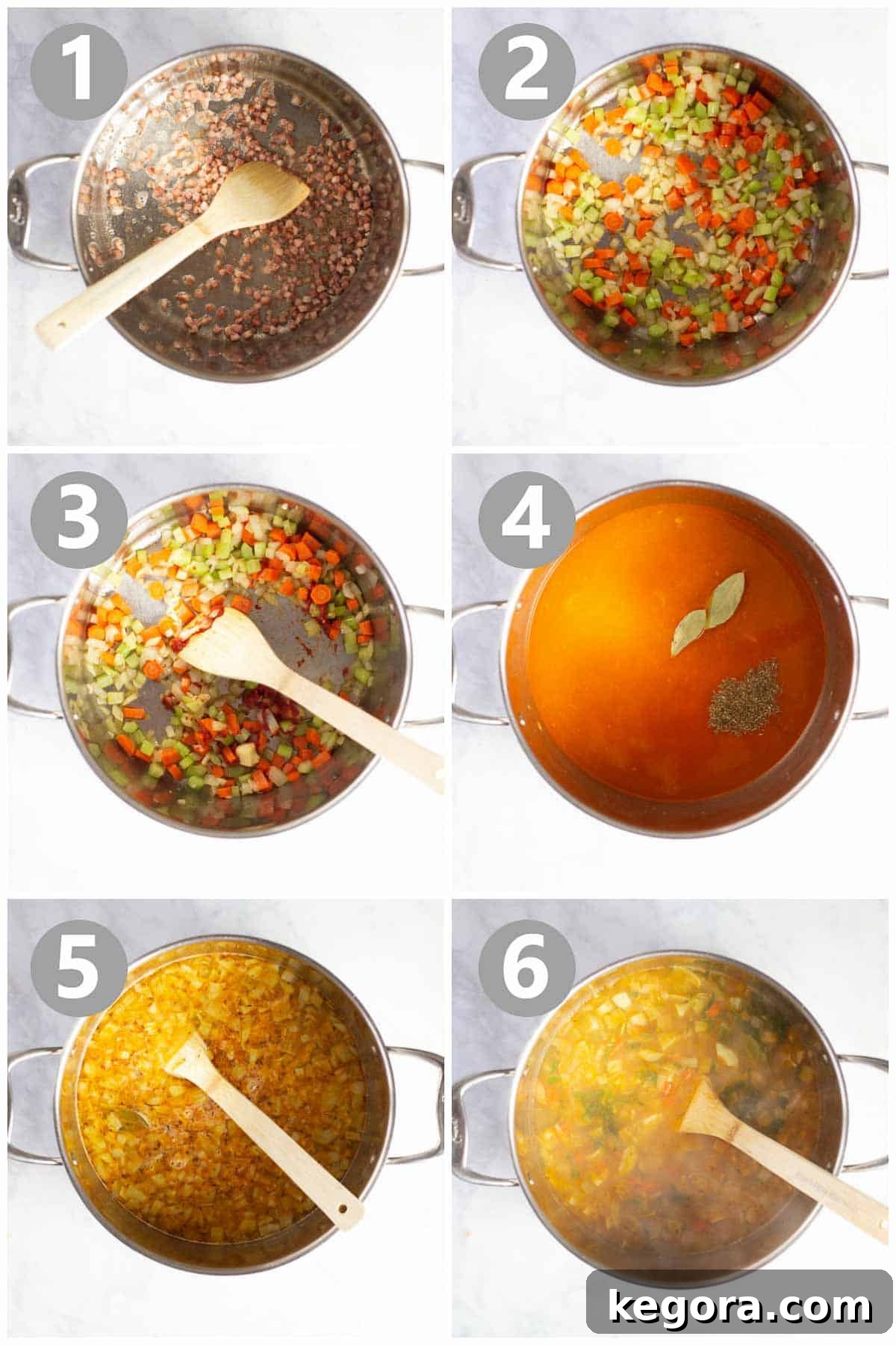 How to Make Tuscan White Bean Soup A photo collage showing the step-by-step process of making Tuscan white bean soup, from sautéing pancetta to final simmer.